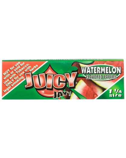 A close-up of a pack of Juicy Jay's Classic Size Flavored Rolling Papers, displaying a colorful watermelon design.