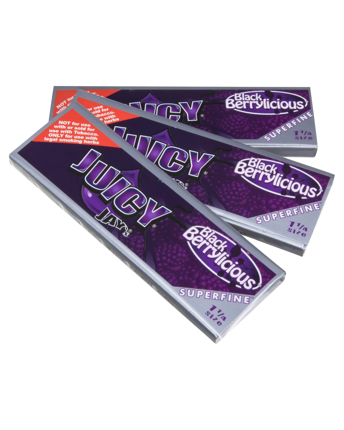 Close-up of a package of Juicy Jay's Superfine 1-1/4" Flavored Rolling Papers with vibrant colorful design and text.