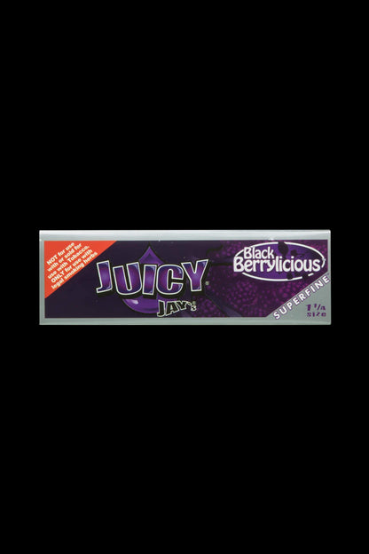 A close-up of the colorful packaging for Juicy Jay's Superfine 1-1/4" Flavored Rolling Papers, displaying bold lettering and branding.