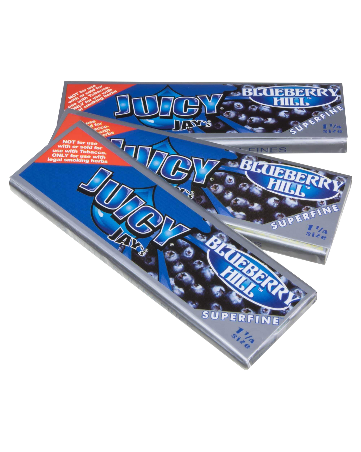 A close-up of a package of Juicy Jay's Superfine 1-1/4" Flavored Rolling Papers, showing colorful branding and paper details.