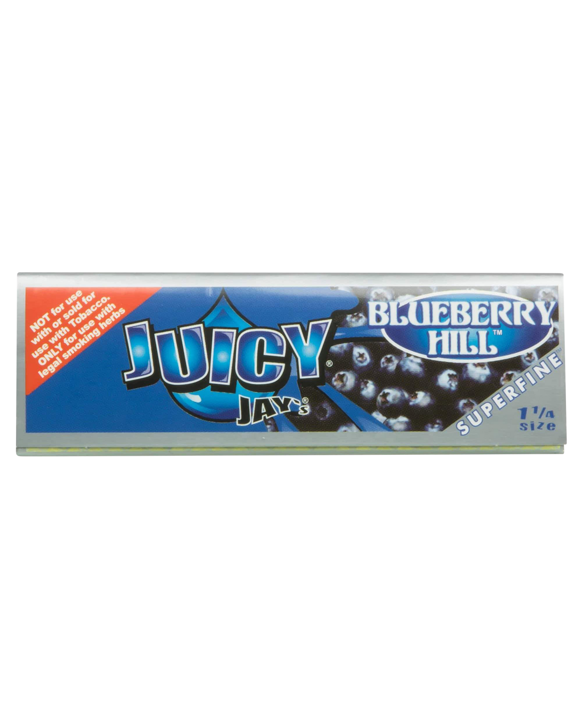 A close-up of Juicy Jay's Superfine 1-1/4" flavored rolling papers packaging with a vibrant blue and berry-themed design.