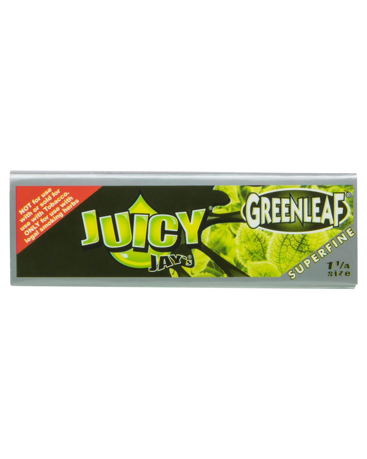 A close-up of the packaging for Juicy Jay's Superfine 1-1/4" Flavored Rolling Papers, featuring a colorful, patterned design.