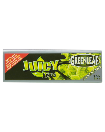 A close-up of the packaging for Juicy Jay's Superfine 1-1/4" Flavored Rolling Papers, featuring a colorful, patterned design.