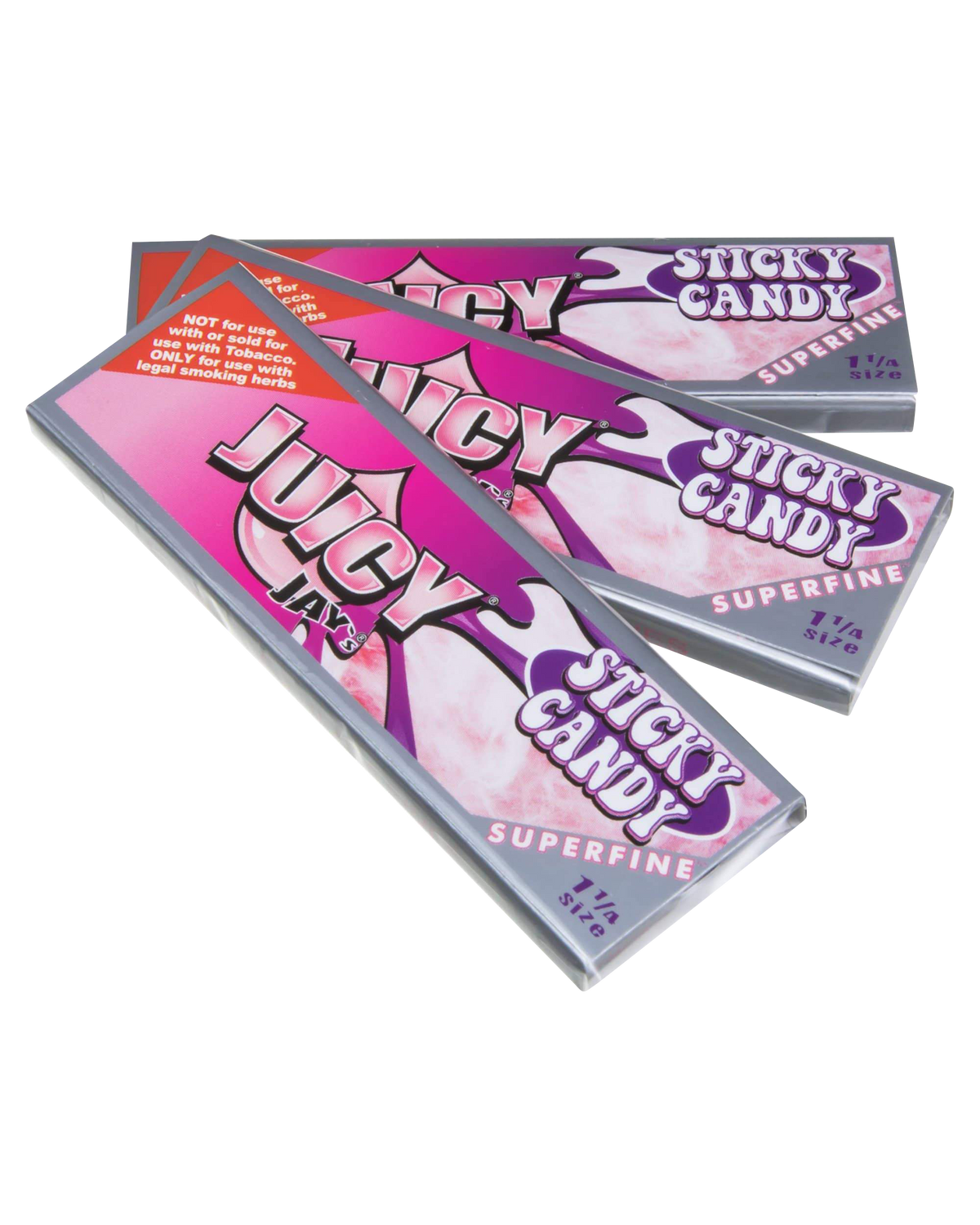 A close-up of a pack of Juicy Jay's Superfine 1-1/4" Flavored Rolling Papers with a colorful, patterned design against a white background.