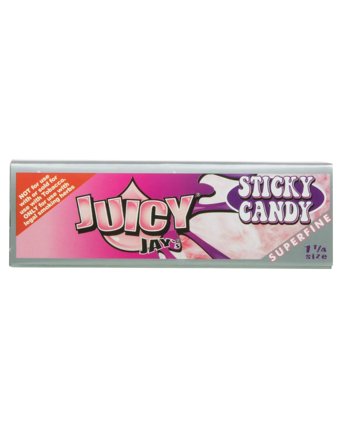 A close-up of Juicy Jay's Superfine 1-1/4" Flavored Rolling Papers, showcasing colorful branding and a patterned design.