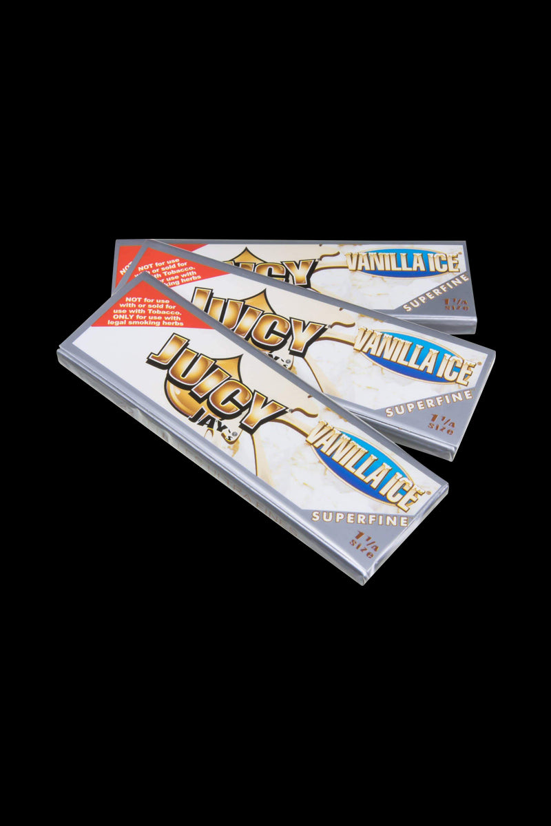 Front view of a pack of Juicy Jay's Superfine 1-1/4" Flavored Rolling Papers, featuring colorful branding and a light background.