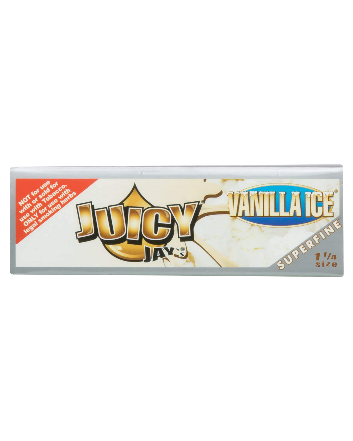 A close-up of the Juicy Jay's Superfine 1-1/4" flavored rolling papers package with a bright vanilla ice color scheme.