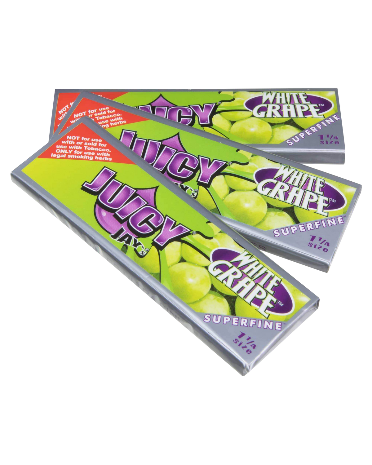 A close-up of Juicy Jay's Superfine 1-1/4" Flavored Rolling Papers, showing the vibrant packaging with a purple and white color scheme.