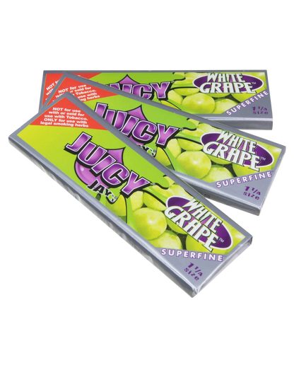 A close-up of Juicy Jay's Superfine 1-1/4" Flavored Rolling Papers, showing the vibrant packaging with a purple and white color scheme.