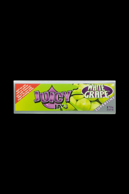 A close-up of the Juicy Jay's Superfine 1-1/4" flavored rolling papers package with bold text and a colorful design.