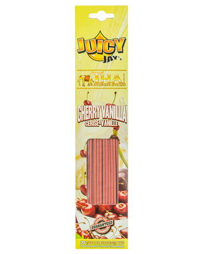 A close-up, front view of Thai Incense Sticks packaging with a red and gold label, displaying the brand’s name in bold lettering.