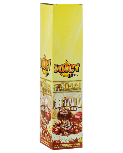 Front view of the Thai Incense Sticks packaging, featuring colorful lettering and branding against a bright yellow background.