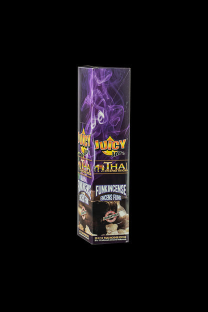 A front view of the Thai Incense Sticks packaging with bright colors and branding, positioned against a dark background.