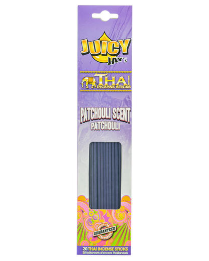 A close-up of Thai Incense Sticks packaging, with colorful text and branding against a purple background.