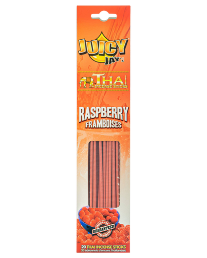 A close-up, front view of Thai Incense Sticks packaging displays vibrant red and gold lettering with a circular emblem.