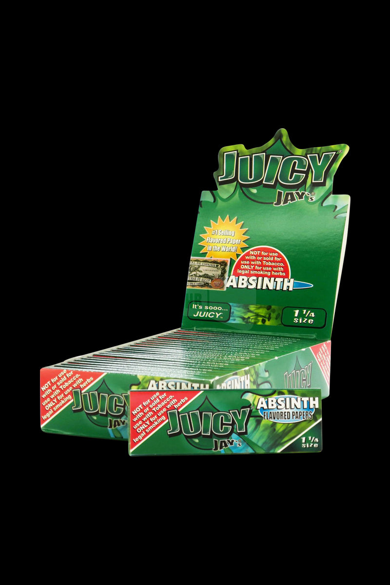 Front view of a package of Juicy Jay’s 1 1/4 Absinth Rolling Papers, showcasing bold green and silver branding with a diagonal product title.