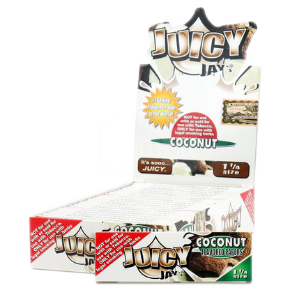 A close-up of Juicy Jay's 1 1/4 Coconut Rolling Papers packaging with a colorful, tropical design.