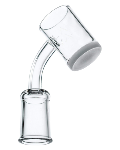 A slightly angled view of the LavaTech XL Quartz Banger, showing the clear quartz vessel and rounded base against a plain white background.