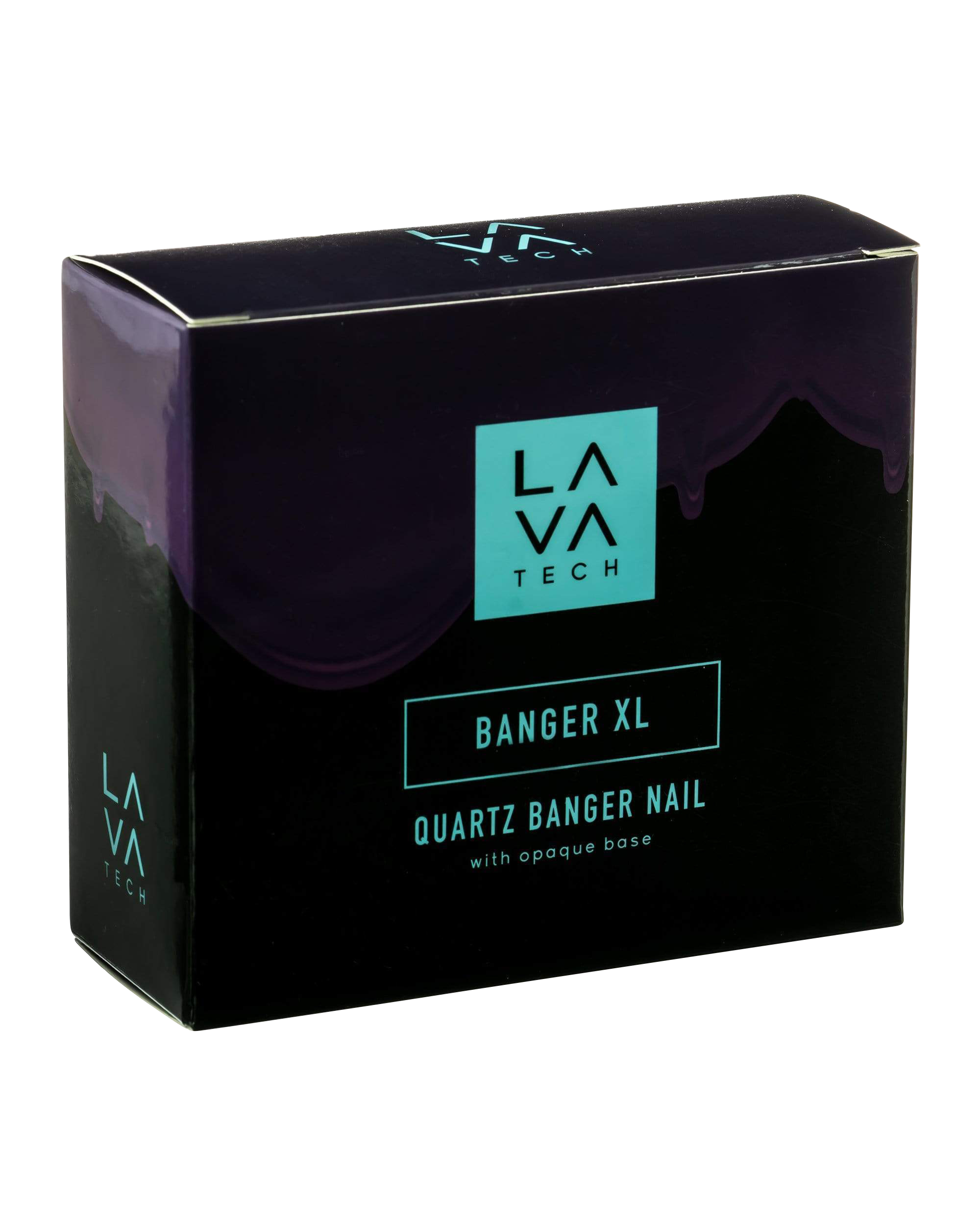 Front view of the LavaTech XL Quartz Banger, with a reflective surface and simple, cylindrical shape against a dark backdrop.