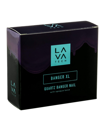 Front view of the LavaTech XL Quartz Banger, with a reflective surface and simple, cylindrical shape against a dark backdrop.