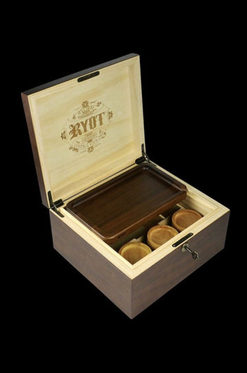 RYOT LOCK-R Box with Walnut Rolling Tray and 3 Storage Jars