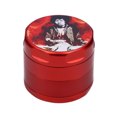 Front view of the "Rock Legends "Jimi Fire" Grinder" featuring a circular design with a portrait of Jimi Hendrix on a dark background.