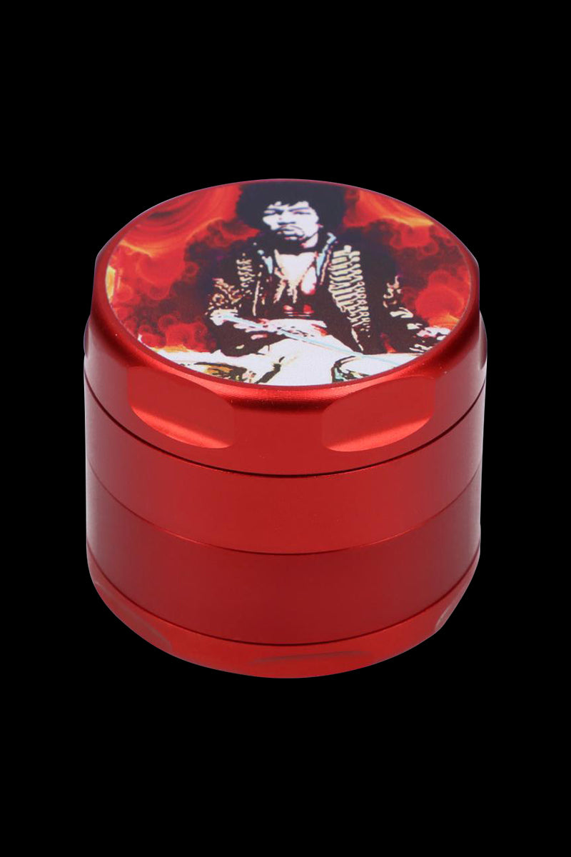 Front view of the "Rock Legends "Jimi Fire" Grinder" with a circular design featuring a portrait of Jimi Hendrix.