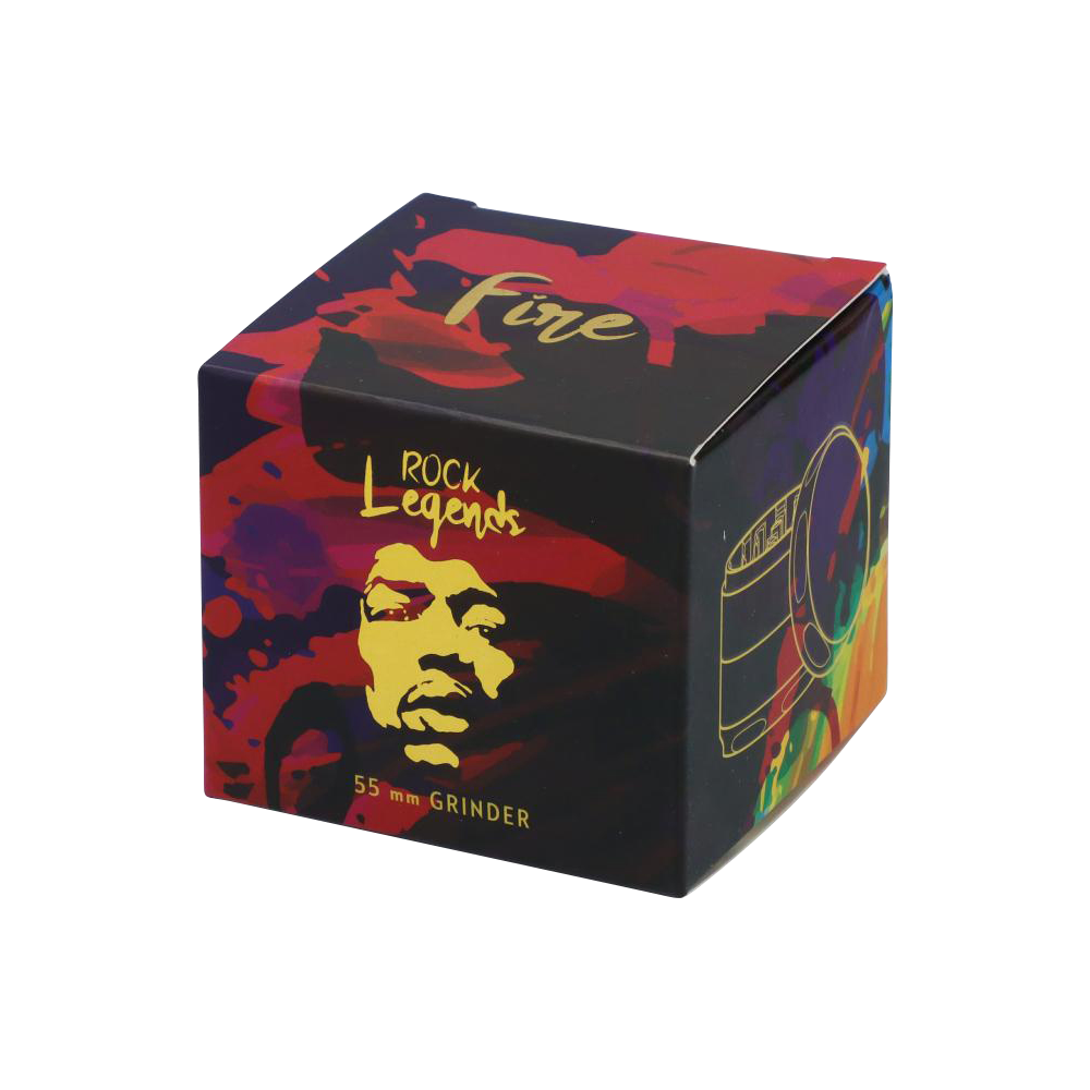 Front view of the “Rock Legends “Jimi Fire” Grinder” featuring a colorful portrait of Jimi Hendrix on a circular metal grinding surface.