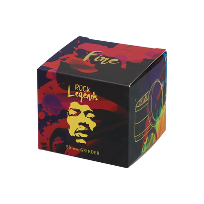 Front view of the “Rock Legends “Jimi Fire” Grinder” featuring a colorful portrait of Jimi Hendrix on a circular metal grinding surface.