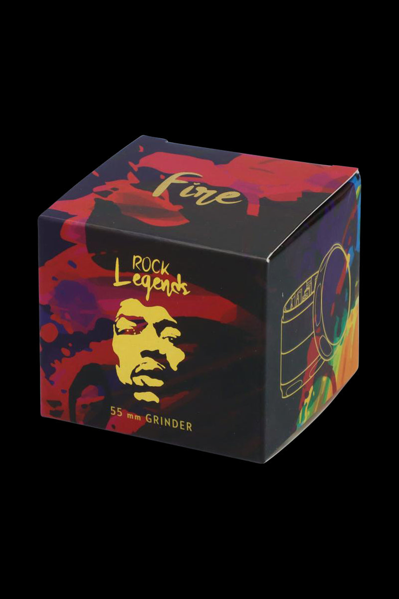 Front view of the “Rock Legends “Jimi Fire” Grinder” featuring a vibrant, artistic portrait on a metallic silver base.