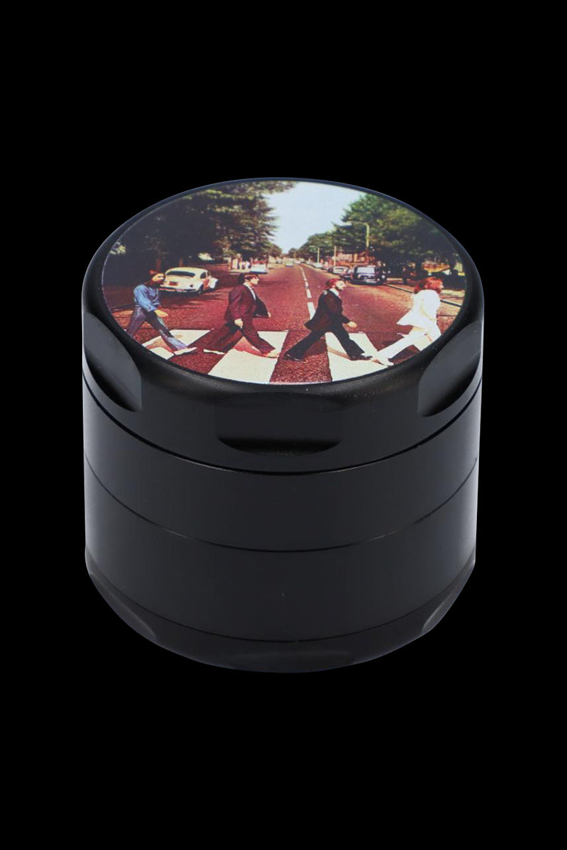 Front view of the Rock Legends Grinder - Fab4 Abbey Road, showcasing the iconic album cover design on a cylindrical metal grinder.