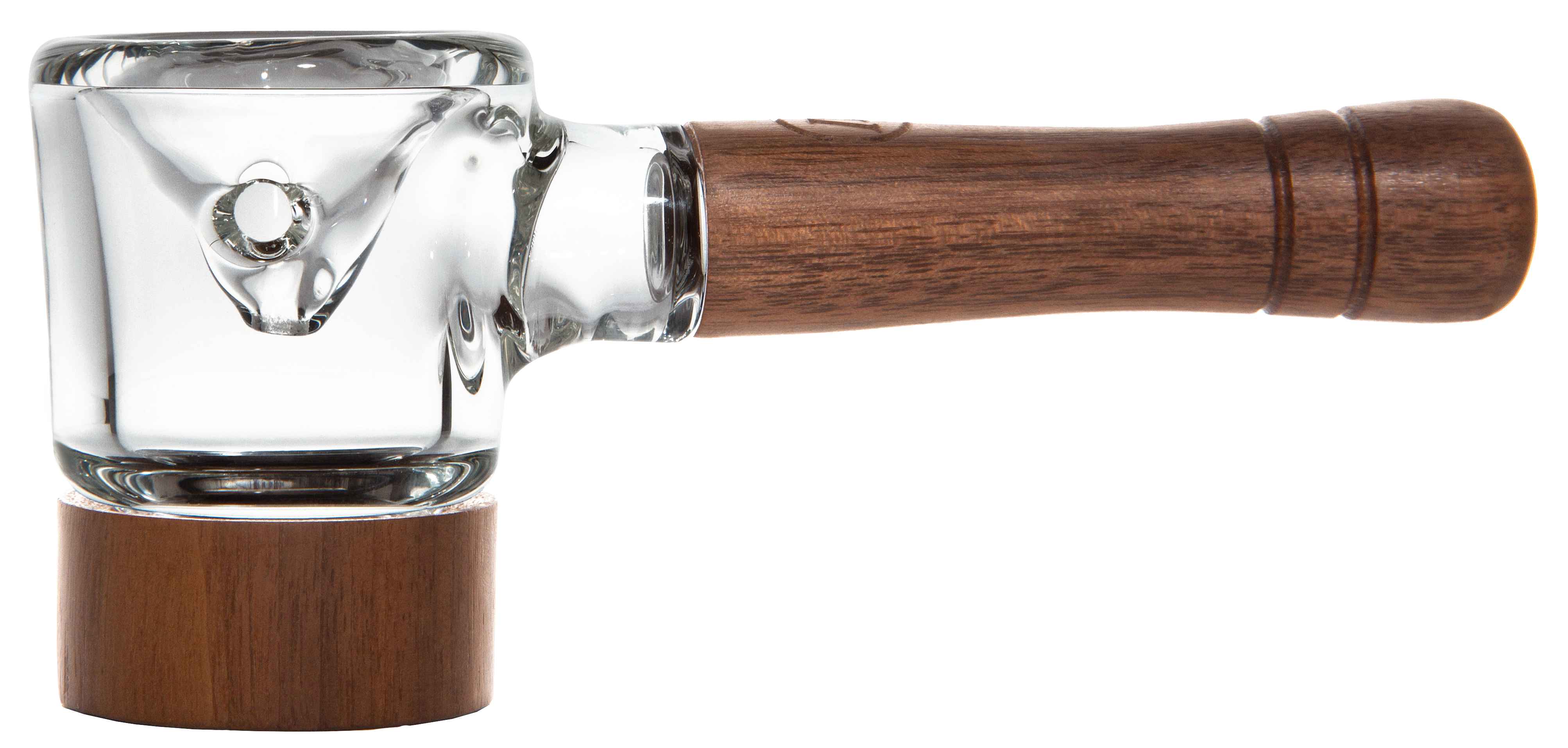 A side view of the Marley Natural Black Walnut Spoon Pipe, showcasing its smooth wooden handle and clear glass bowl.