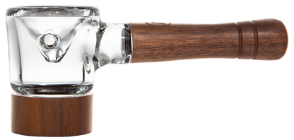 A side view of the Marley Natural Black Walnut Spoon Pipe, showcasing its smooth wooden handle and clear glass bowl.
