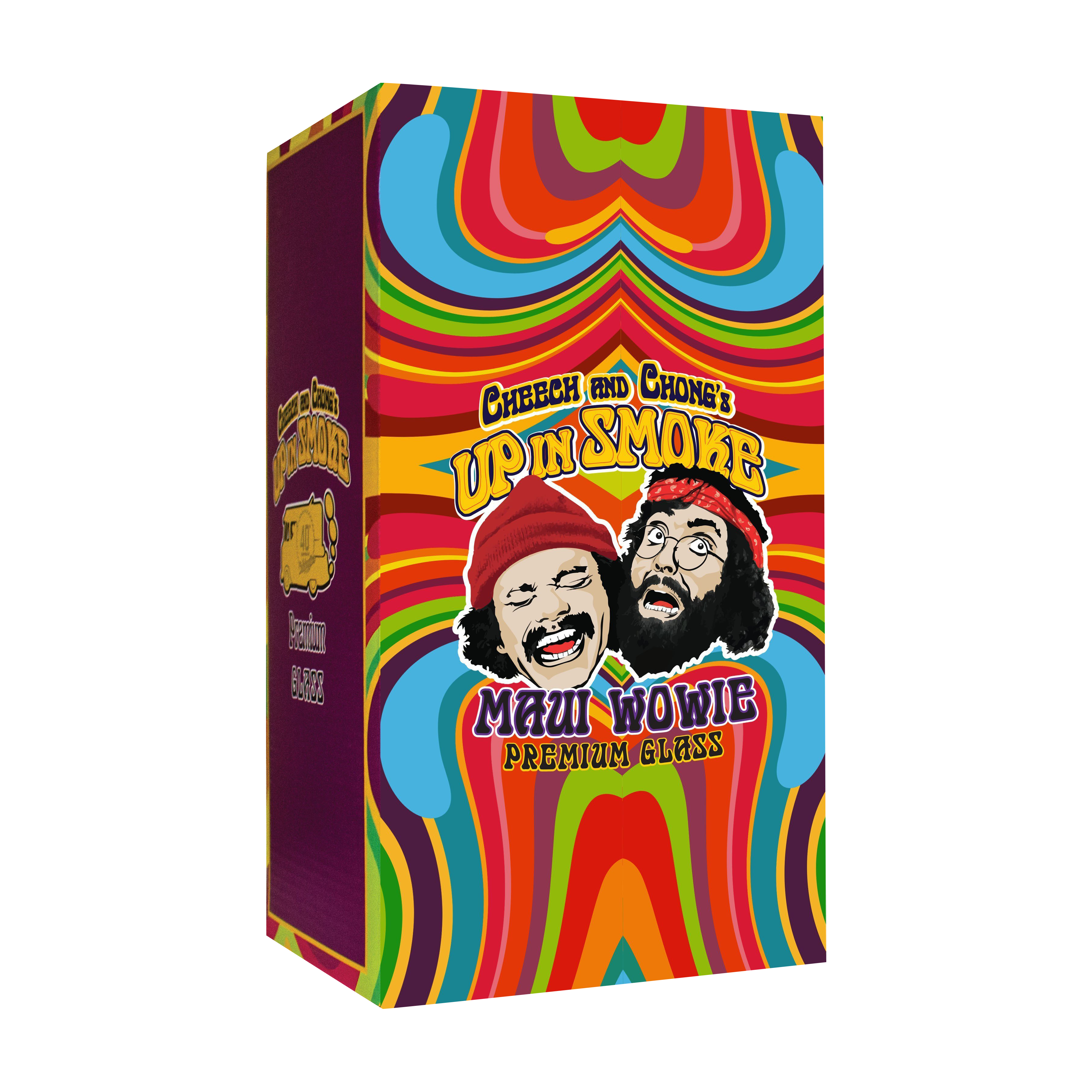 Front view of the Cheech & Chong "Maui Waui" Dab Rig with a vibrant, colorful background and a close-up focus on the glasswork.