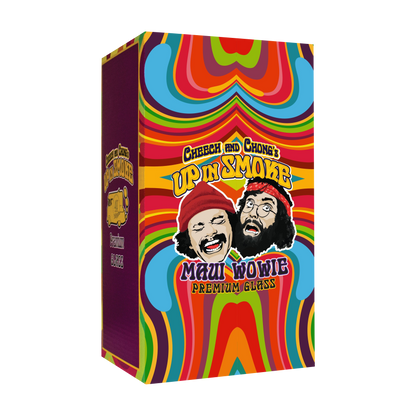 Front view of the Cheech & Chong "Maui Waui" Dab Rig with a vibrant, colorful background and a close-up focus on the glasswork.