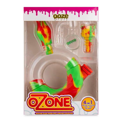 A packaged Ozone silicone glass water pipe and nectar collector in red and green, displayed against a white background.