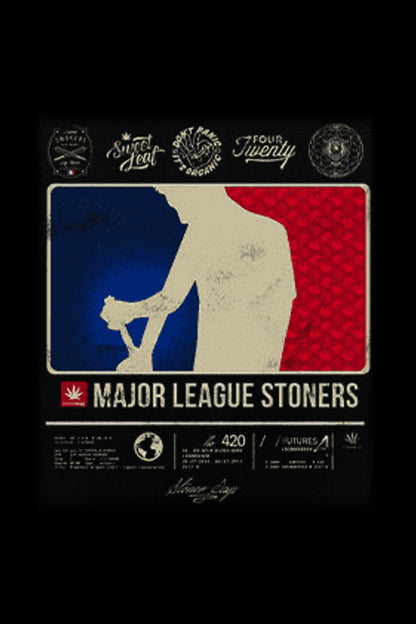 A vintage-style graphic depicting a silhouetted person smoking with the text “Major League Stoners” below, surrounded by cannabis-related brand logos and references to "420".