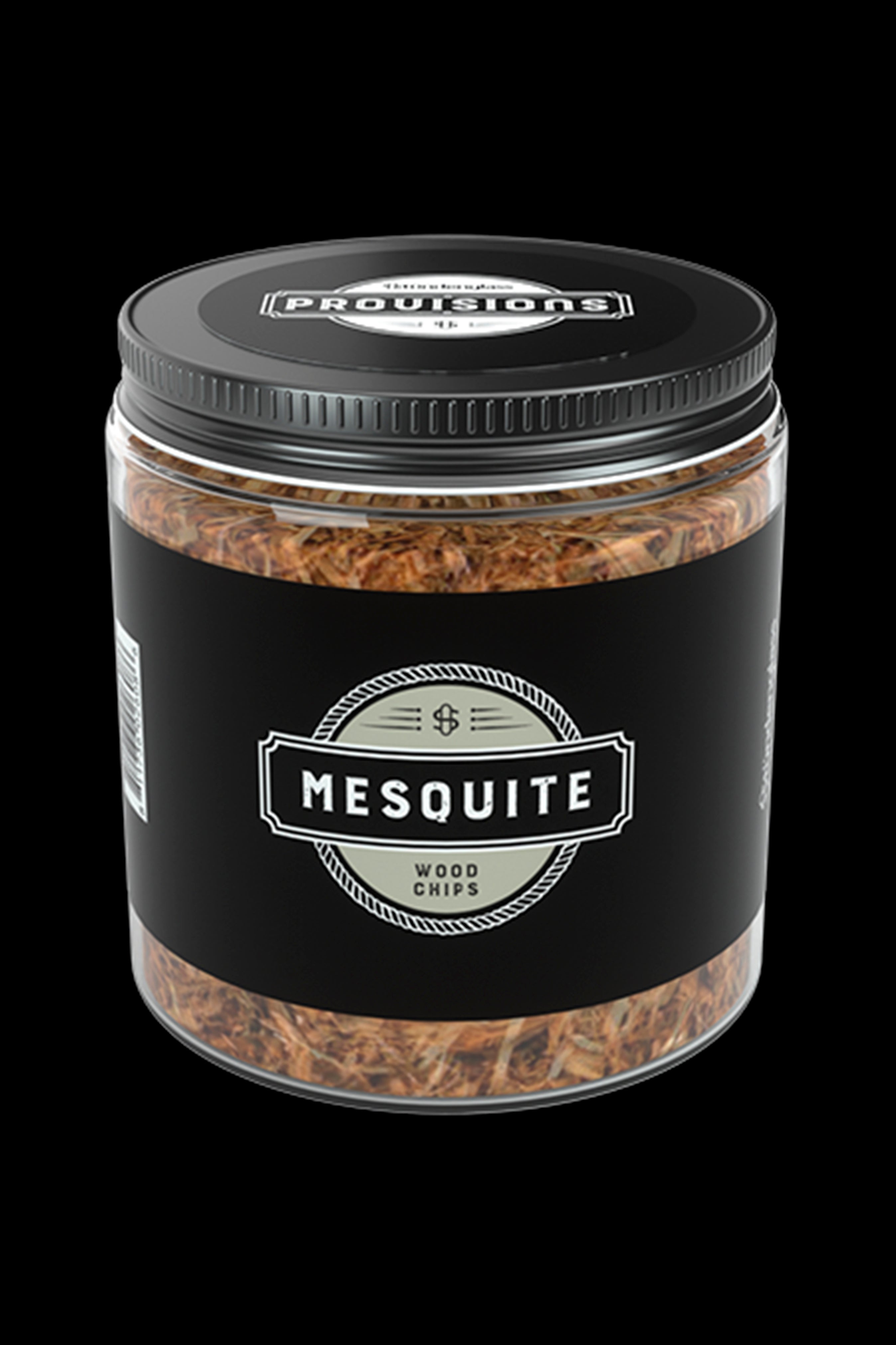 A glass jar labeled “Mesquite Wood Chips” with a cannabis leaf symbol, suggesting use with cannabis smoking or vaporization.