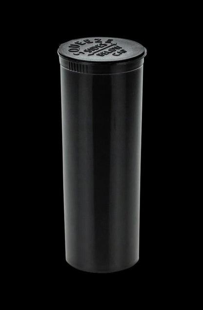 Front view of the Plastic Pop Top Stash Jar - Extra Large, a clear container with a black pop-top lid, against a dark backdrop.