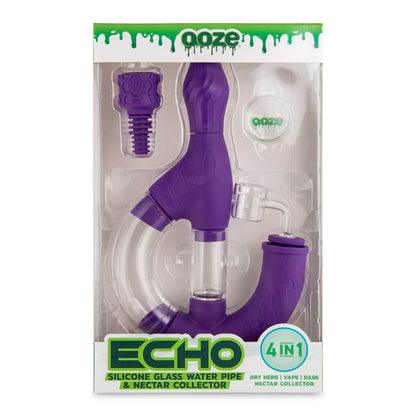 Purple silicone glass water pipe and nectar collector with accessories in retail packaging.