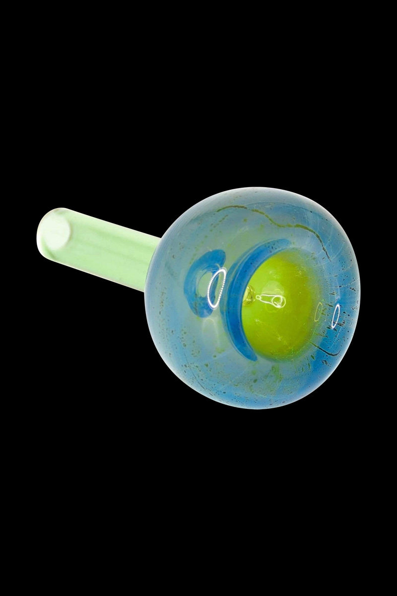 A slightly angled close-up of the My Bud Vase Mermaid Replacement Bowl, showcasing its swirling blue and green glass design.