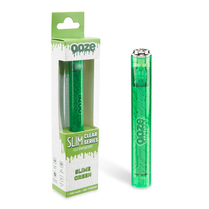 Green “Ooze” vape pen batteries in packaging, labeled “Slim Clear Series” and “Slime Green.”