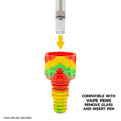 Silicone cannabis oil rig attachment with arrow indicating insertion of a vape pen cartridge.