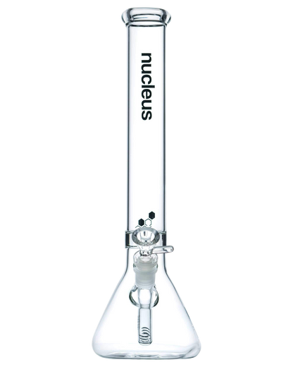 A front view of the Nucleus 12" Beaker Bong with Donut Style Ice Catcher, showcasing its clear glass construction and simple beaker shape.