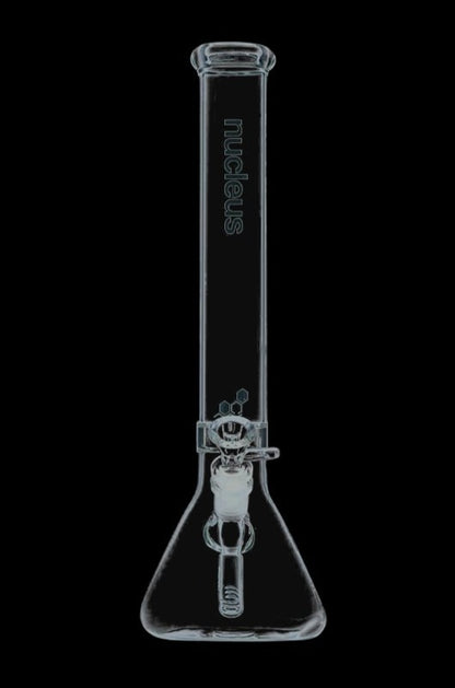 A front view of the Nucleus 12" Beaker Bong with Donut Style Ice Catcher, showcasing its clear glass construction and classic beaker shape.