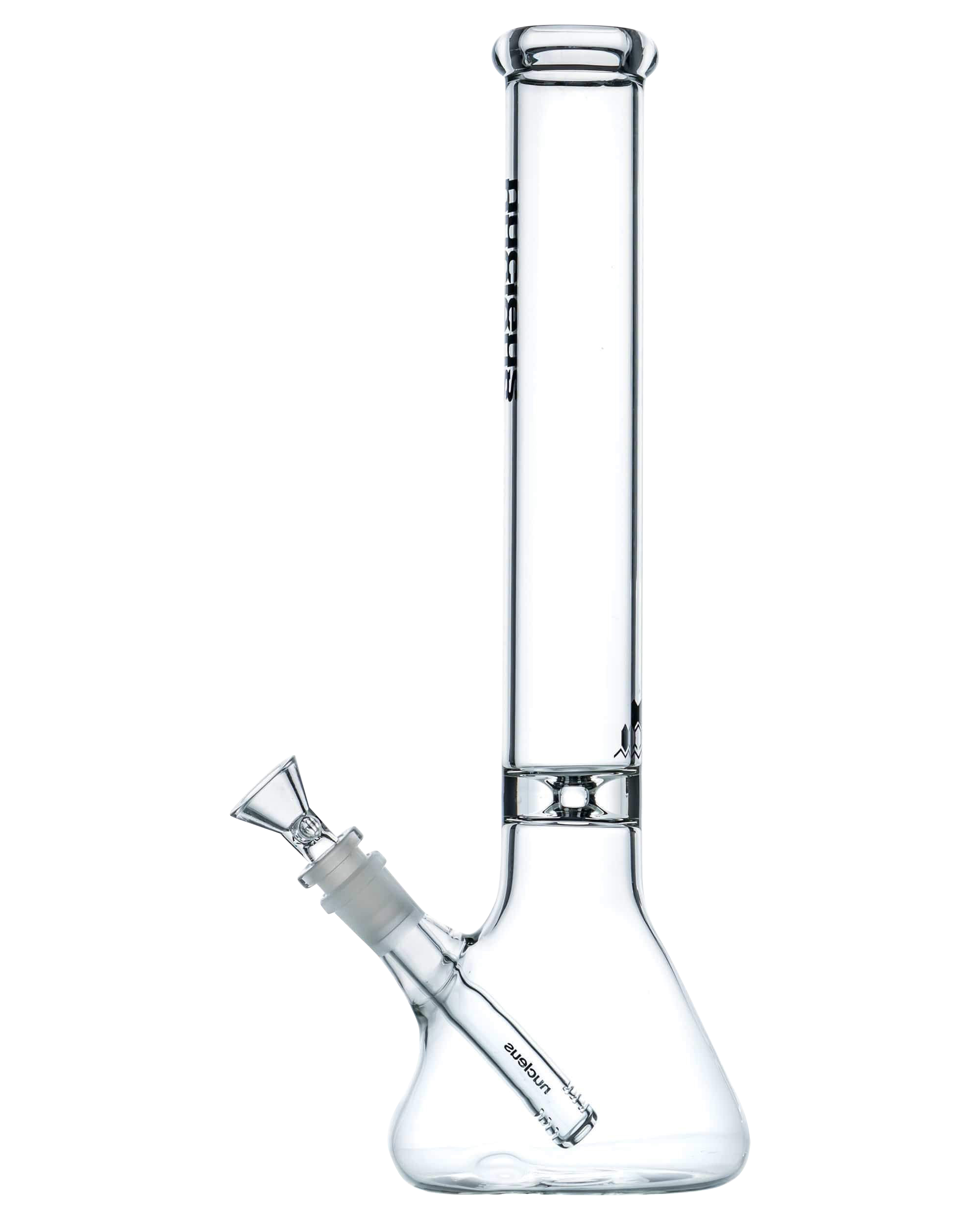 A studio shot of the Nucleus 12" Beaker Bong with Donut Style Ice Catcher, showcasing its clear glass construction and classic beaker shape.