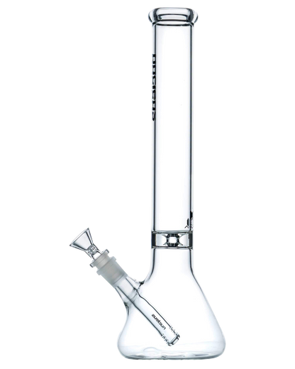 A studio shot of the Nucleus 12" Beaker Bong with Donut Style Ice Catcher, showcasing its clear glass construction and classic beaker shape.