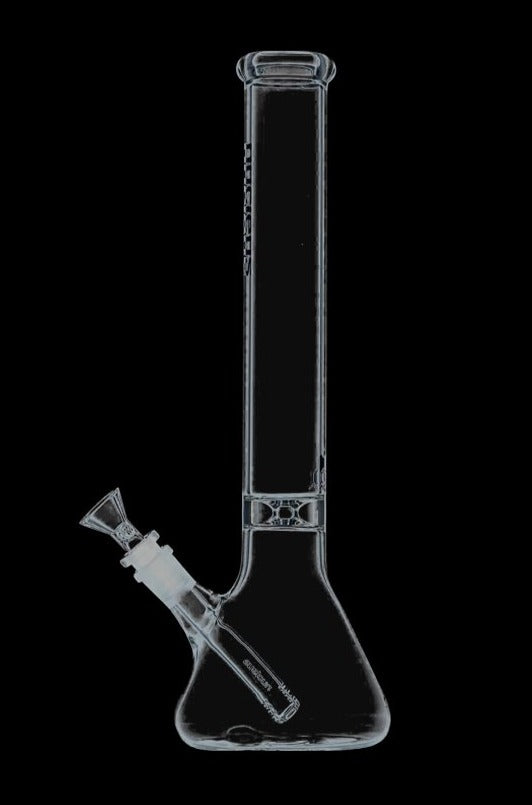 Front view of the Nucleus 12" Beaker Bong with Donut Style Ice Catcher, showcasing its clear glass construction and simple beaker shape.