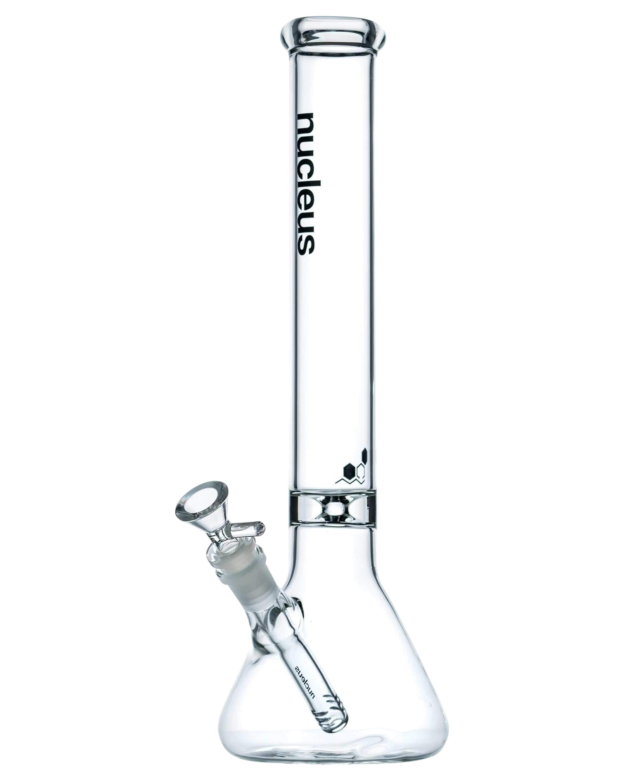 A front view of the Nucleus 12" Beaker Bong with a donut style ice catcher, made of clear glass.