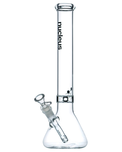 A front view of the Nucleus 12" Beaker Bong with a donut style ice catcher, made of clear glass.